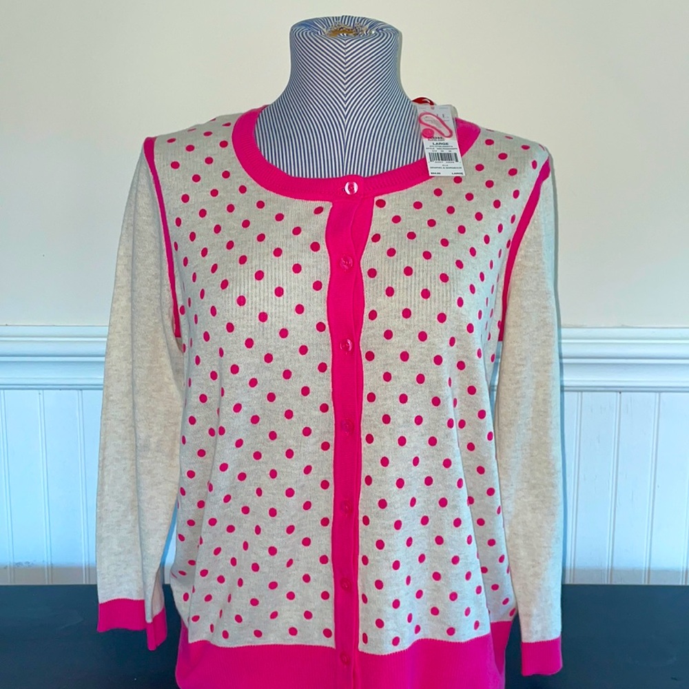 Adorable NWT Elle Pink Polka Dot Cardigan Sz L